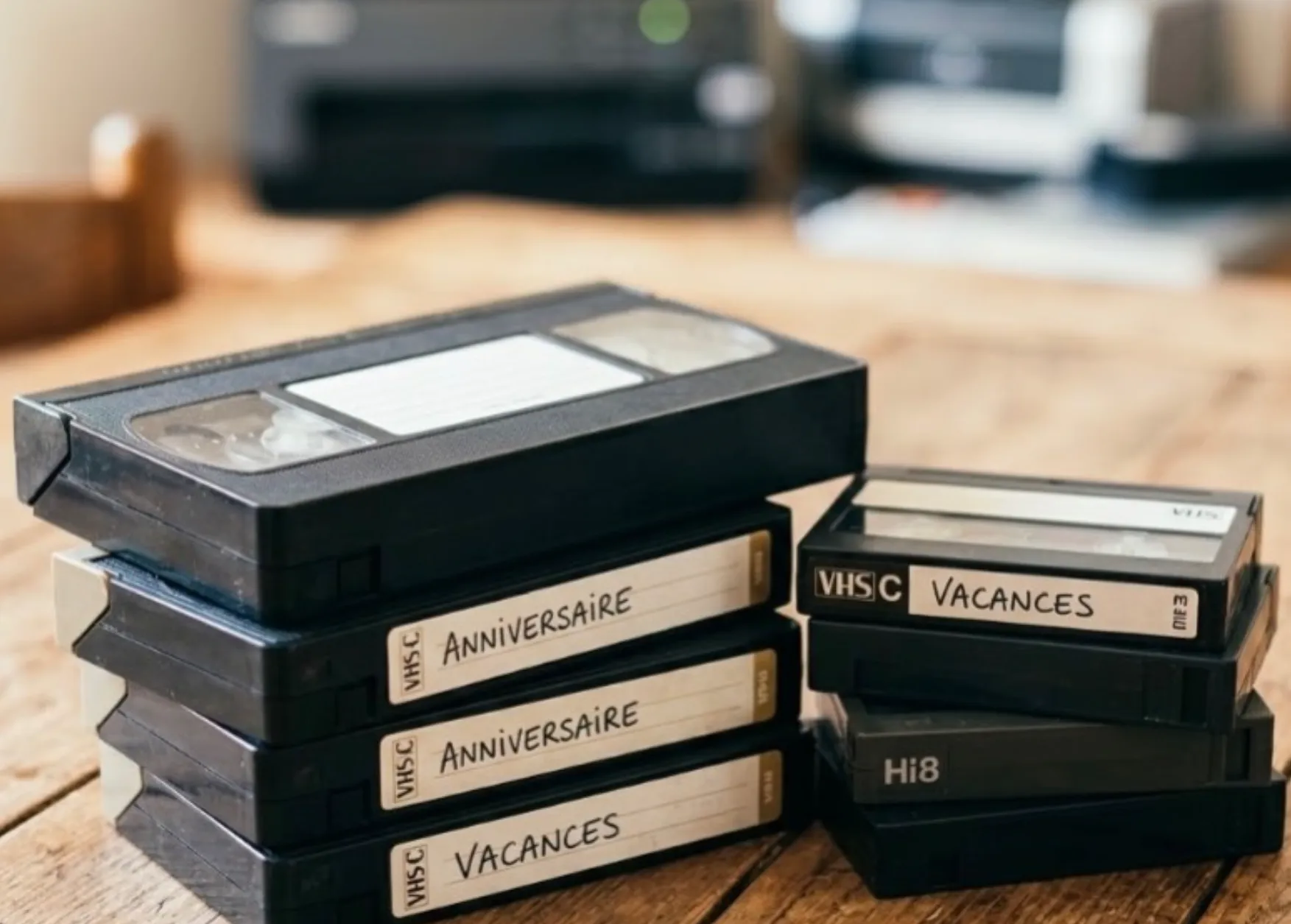 Pile de cassettes VHS-C et Hi8 étiquetées à la main : Anniversaire, Vacances